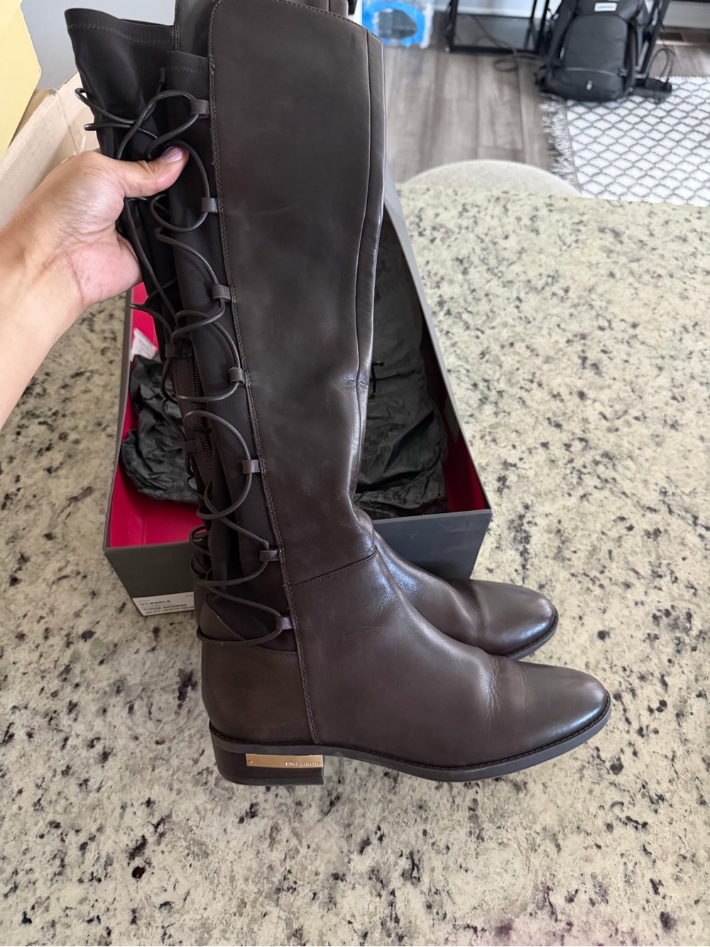 Vince Camino Women's Brown Leather Knee-High Lace-Up Boots